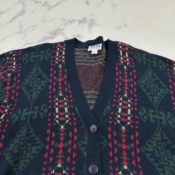 Avon Style Womens Vintage Cardigan Sweater Plus Size 1x Blue Red Blanket Woven - Picture 2 of 12